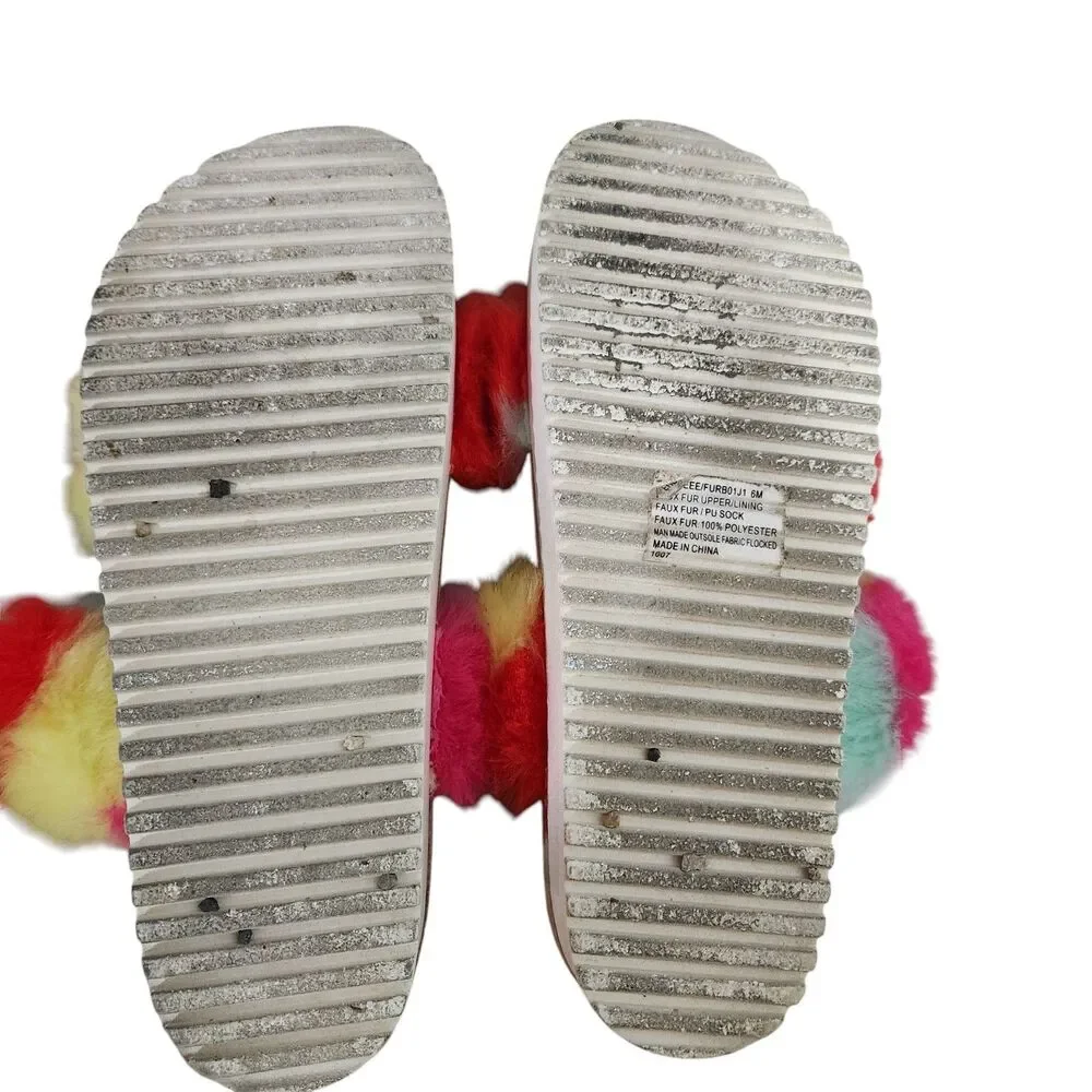 Women’s‎ Faux Fur Slide Sandals Multicolor Rainbow Plush Slippers Size 6